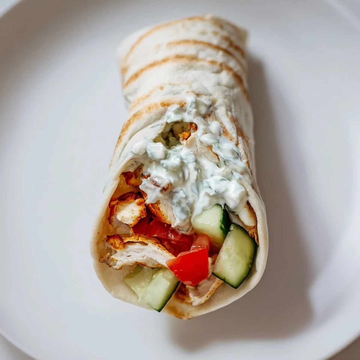 An overhead view of a Greek Chicken Wrap, revealing the vibrant layers of marinated chicken, fresh vegetables, and a side of lemon wedges on a rustic wooden table.