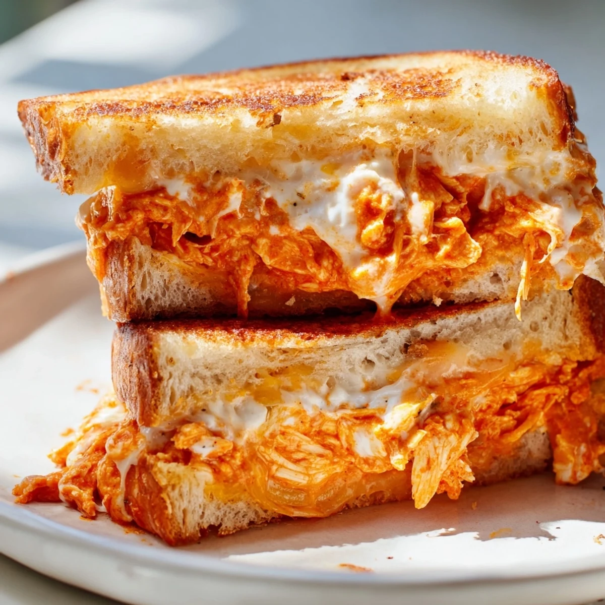 A close-up view of a Buffalo Chicken Ranch Grilled Cheese, featuring creamy ranch dressing and gooey cheese oozing from between toasted bread slices.