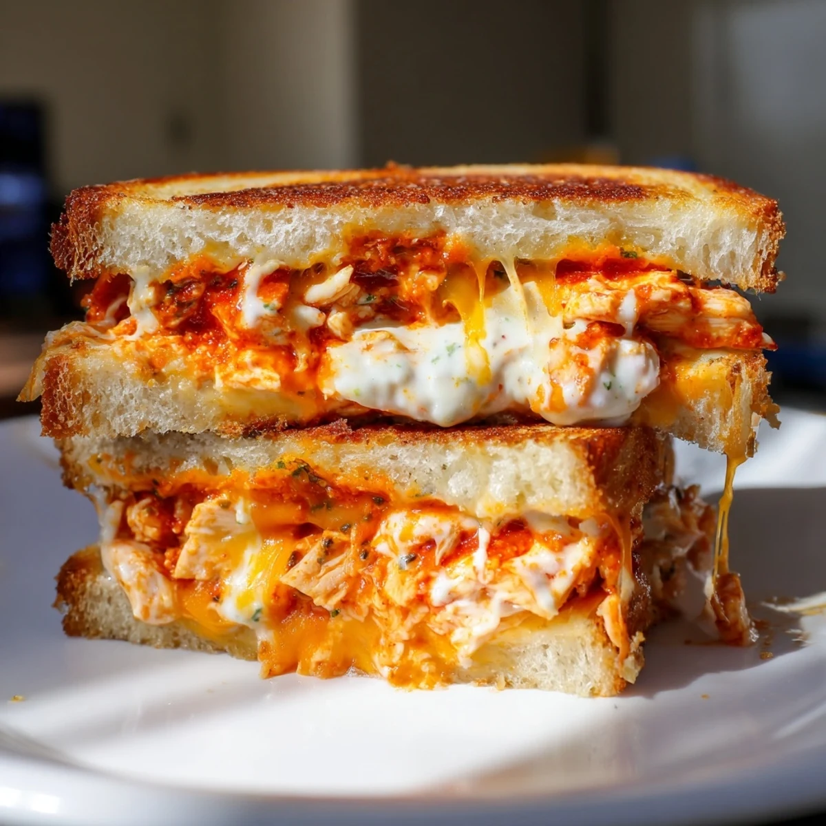 Golden-brown Buffalo Chicken Ranch Grilled Cheese sandwiches, sliced to show melted cheddar and spicy buffalo chicken on buttery sourdough bread.