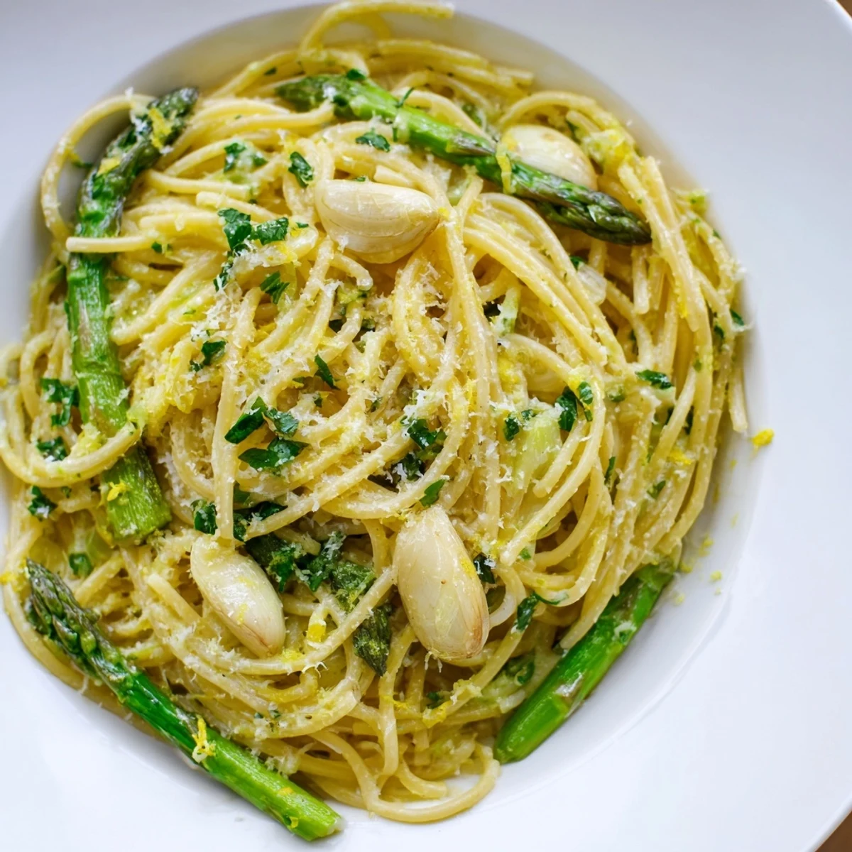 Tender roasted asparagus and golden whole garlic cloves mingle with al dente spaghetti in this vibrant Roasted Garlic & Asparagus Pasta.