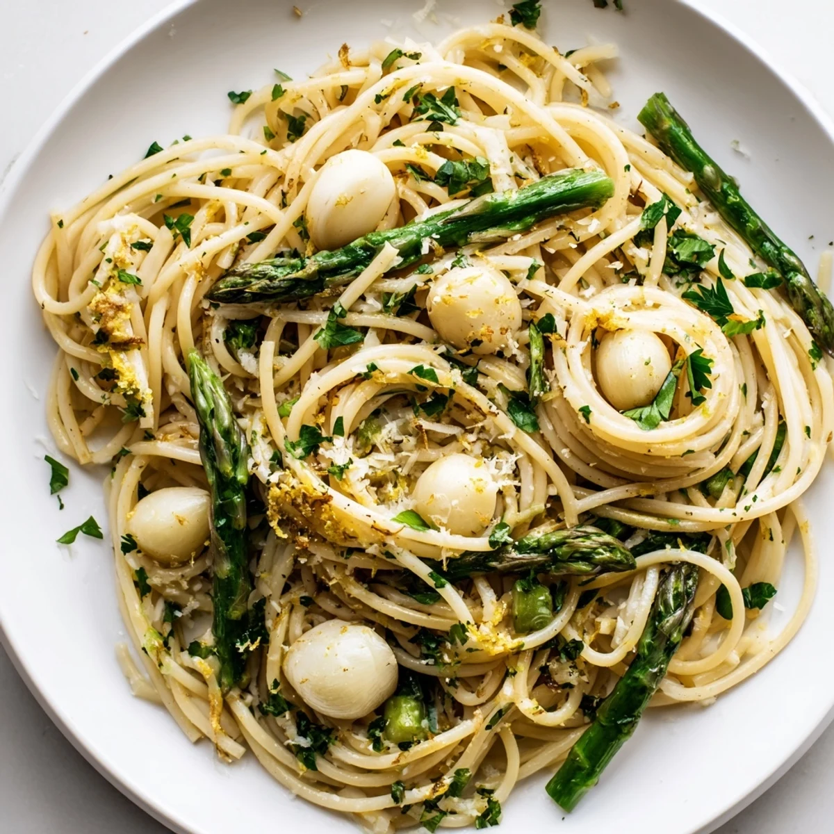 A close-up of Roasted Garlic & Asparagus Pasta shows steam rising, Parmesan flecks, and lemon zest on a simple ceramic plate.