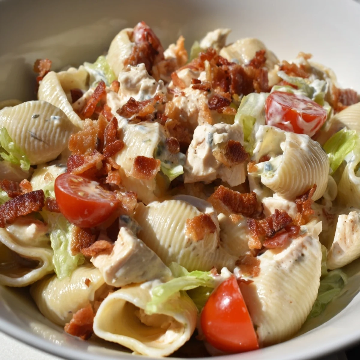 Creamy BLT Chicken Pasta Salad with crispy bacon, juicy tomatoes, and tender grilled chicken in a light dressing.