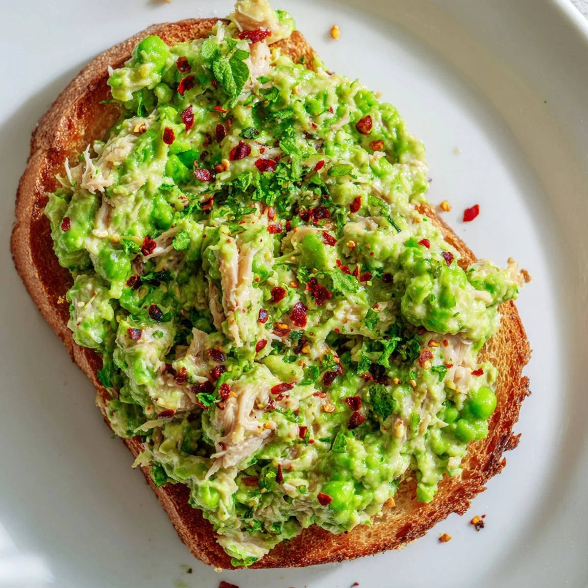 Golden toasted sourdough slices topped with creamy smashed pea and tender shredded chicken, garnished with chili flakes and fresh herbs.  