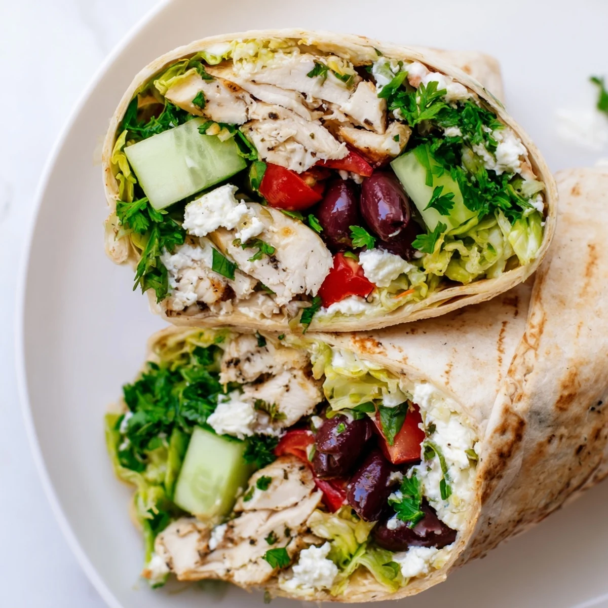 A close-up of a Greek Lemon Chicken Salad Wrap sliced in half, revealing layers of juicy lemon-marinated chicken, crisp cucumber, and tangy feta cheese inside a warm tortilla.