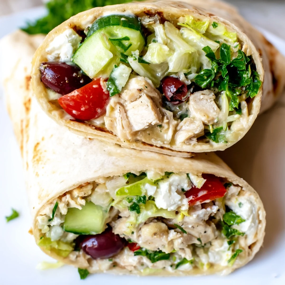 Overhead view of the Greek Lemon Chicken Salad Wrap ingredients, including chopped cherry tomatoes, Kalamata olives, and fresh parsley, all arranged on a rustic wooden board.
