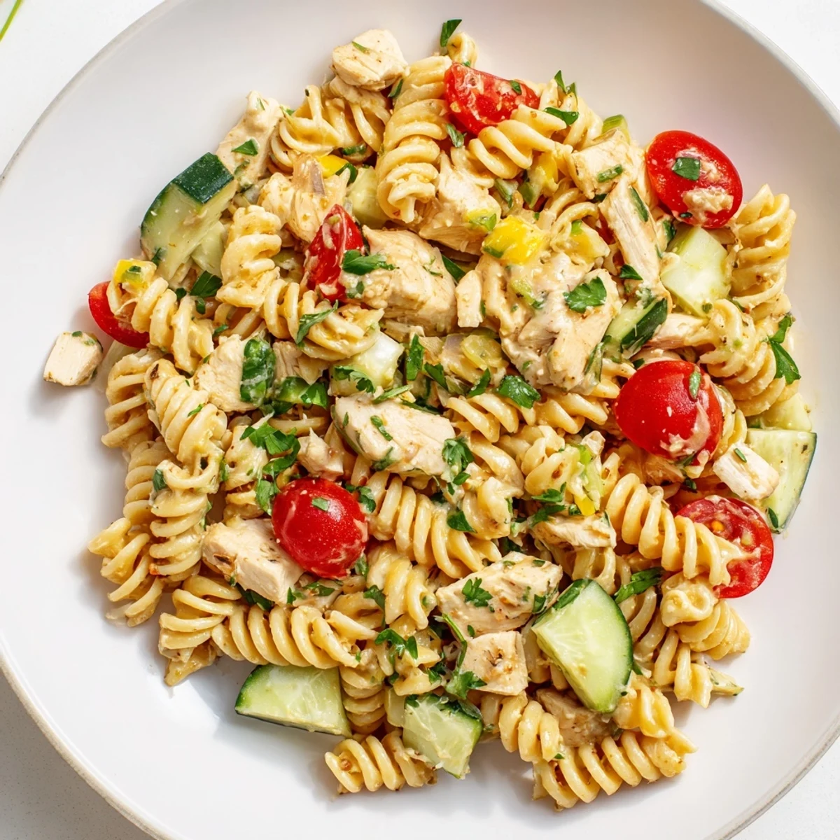 Tender grilled chicken and colorful vegetables are tossed with fusilli pasta in a zesty honey mustard dressing, served in a large bowl.