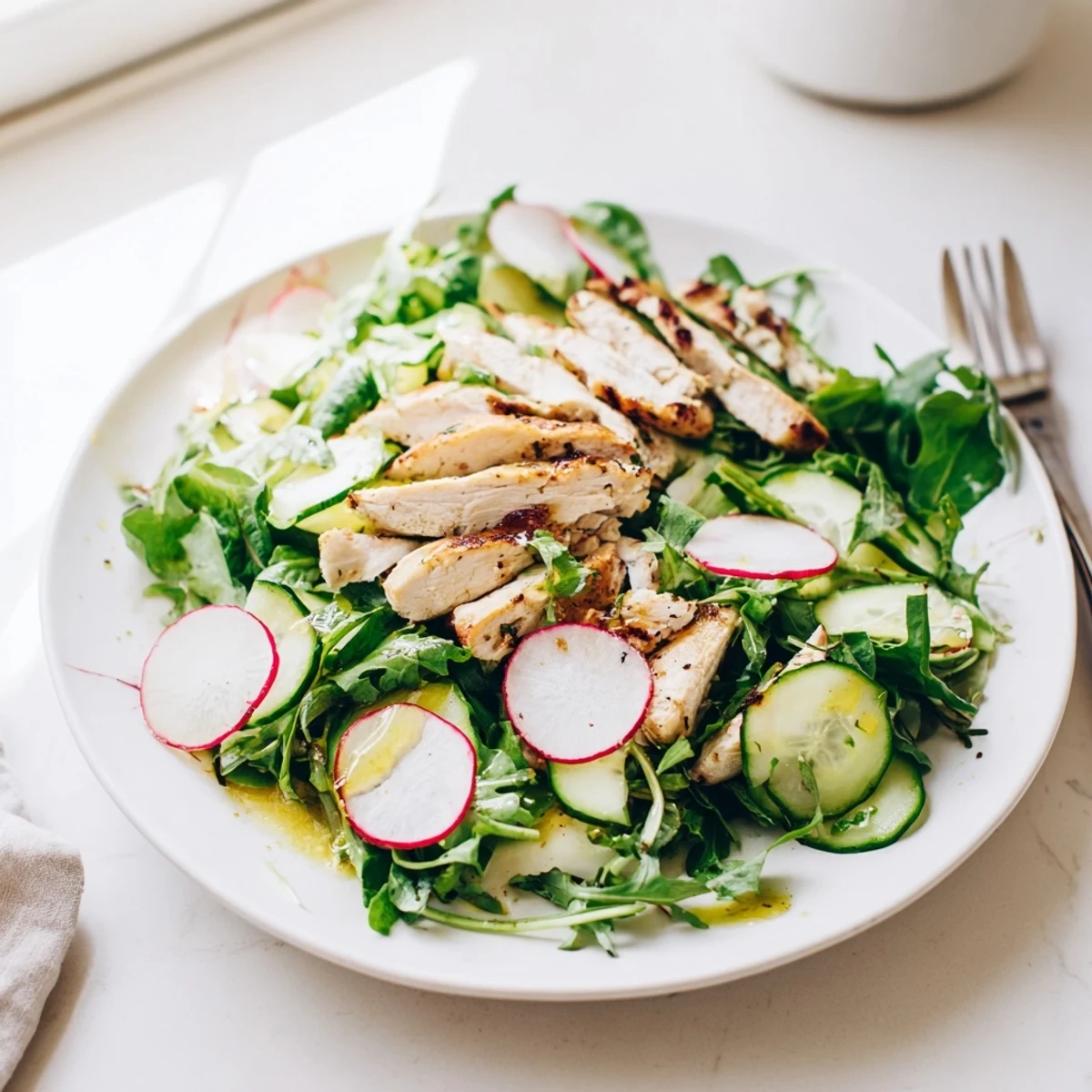 Tangy lemon vinaigrette coats slices of grilled chicken, cucumbers, and radishes in this refreshing Spring Detox Chicken Salad.
