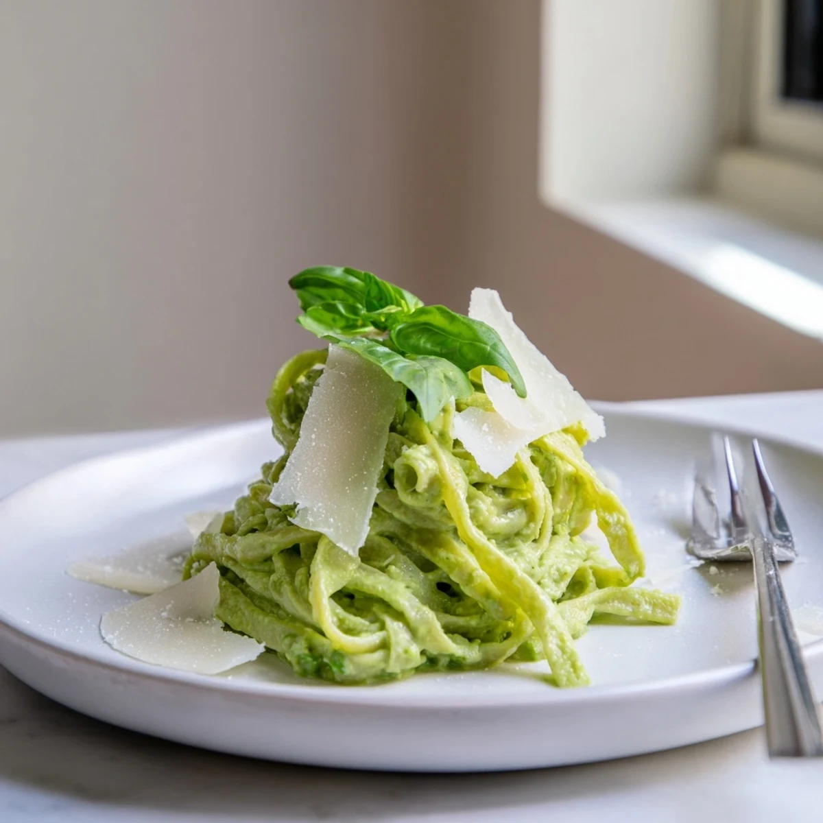 Creamy Green Pea Alfredo served in a shallow white bowl, garnished with basil leaves and a lemon wedge on the side.