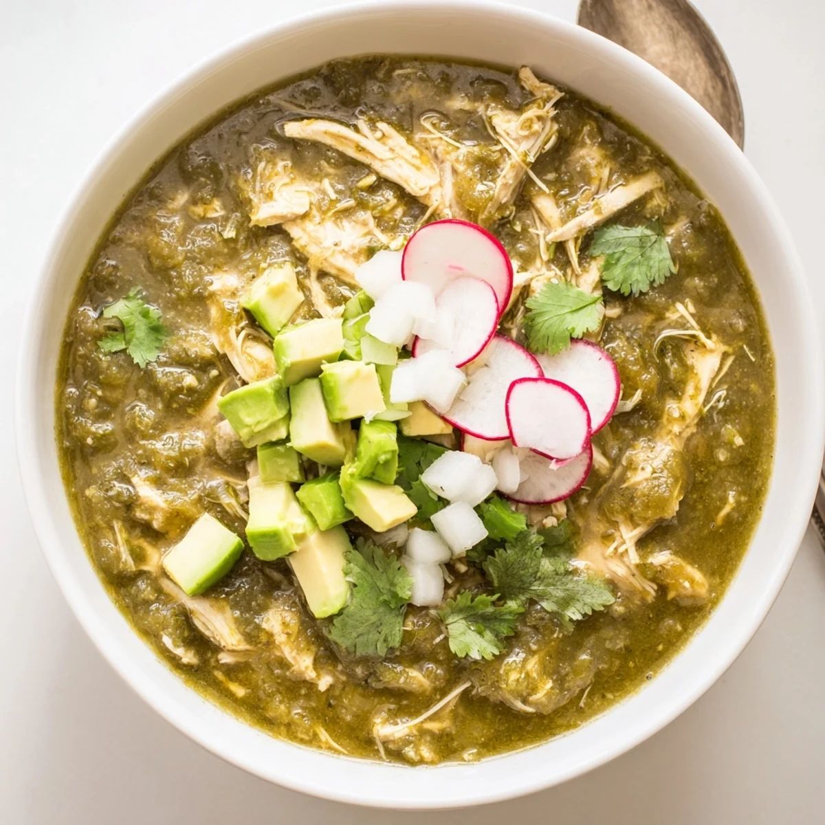 A close-up of tender shredded Chicken Chili Verde in a rustic bowl, garnished with creamy avocado slices, fresh cilantro, and radishes. 