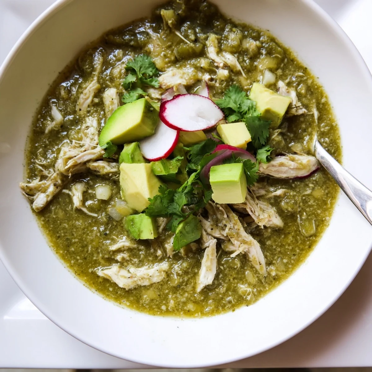 A colorful serving of Chicken Chili Verde paired with lime wedges and cilantro, offering a bright, tangy aroma for a family-style Mexican dinner.