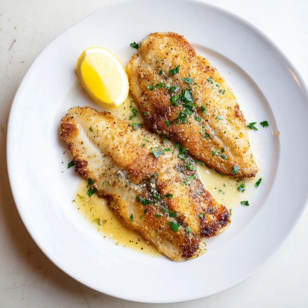 Golden-brown flounder meunière fillets topped with fresh parsley and a lemon-brown butter sauce, served on a white plate.