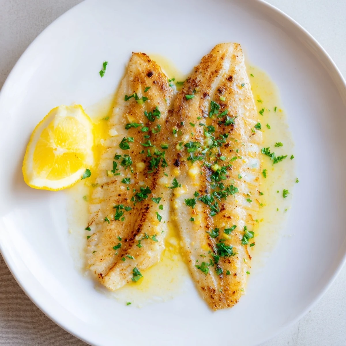 Tender, flaky flounder meunière fillets glistening with nutty brown butter and a bright squeeze of lemon.
