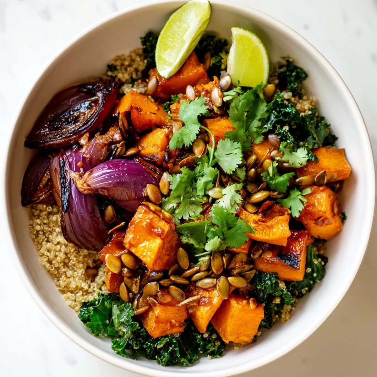 Overhead view of a warm Sweet and Spicy Red Kuri Squash Bowl, garnished with fresh cilantro and lime wedges for a bright finish.