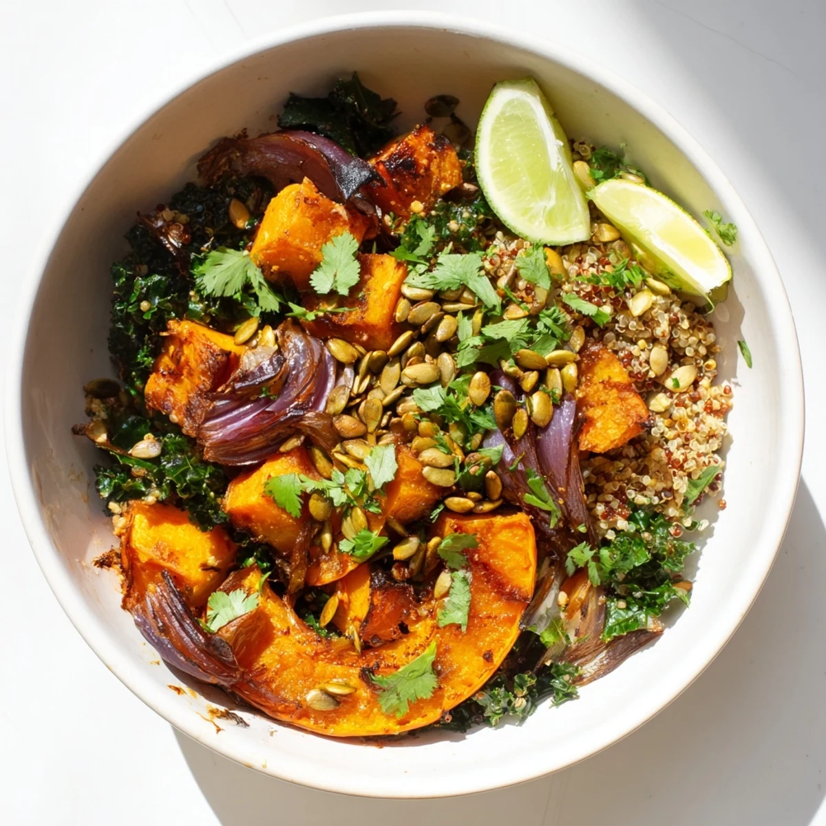 A close-up of Sweet and Spicy Red Kuri Squash Bowl, featuring golden caramelized squash cubes with vibrant orange kale and toasted pumpkin seeds.