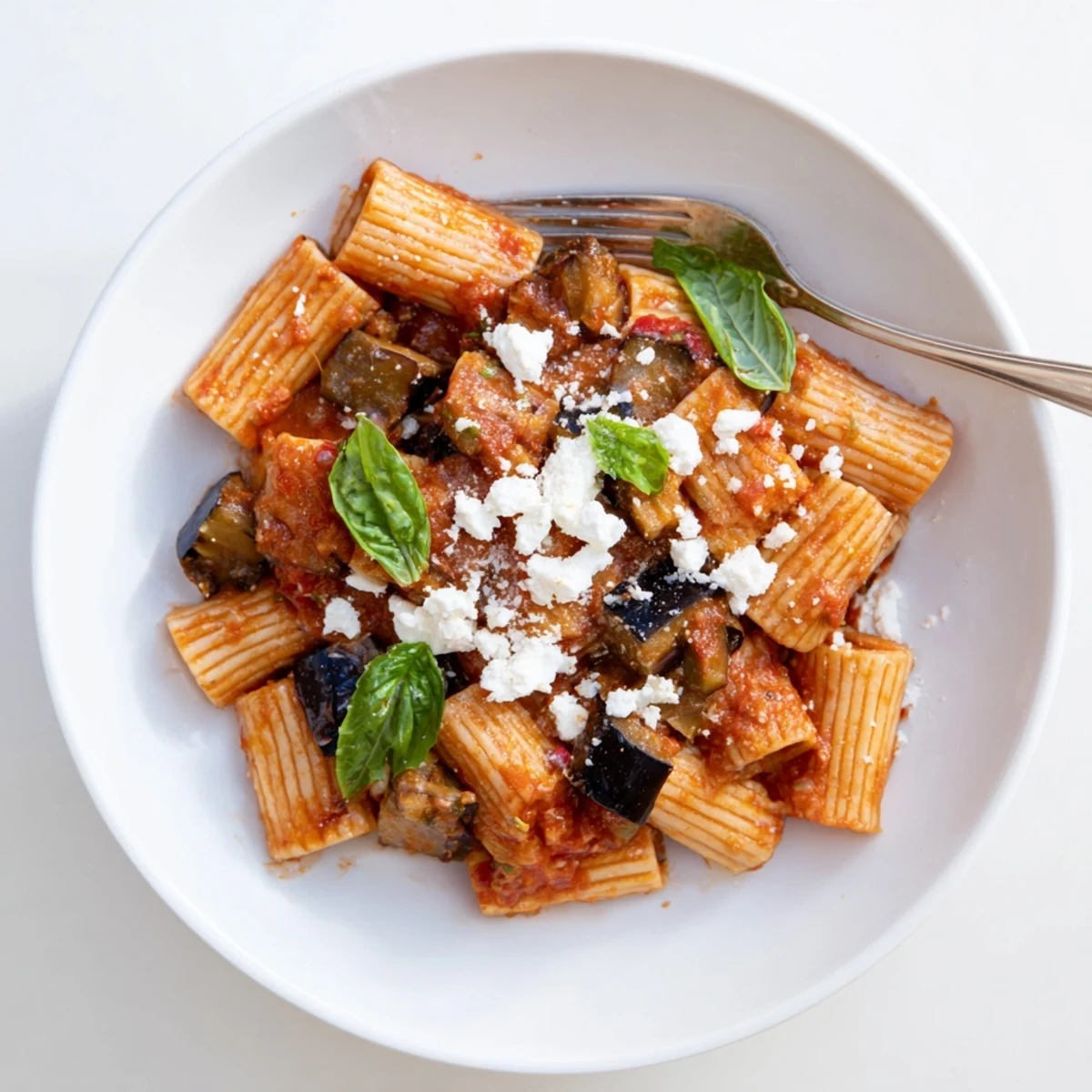 Golden roasted eggplant cubes mingle with rich tomato sauce and rigatoni in a steaming bowl of Pasta Alla Norma.  