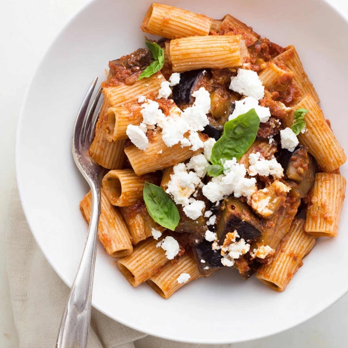A close-up of vibrant Pasta Alla Norma showcases glossy tomato sauce, golden eggplant, and fresh basil garnish on a rustic table.