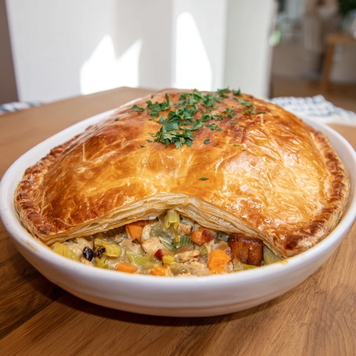 A slice of savory chicken and leek pie rests on a rustic plate, garnished with fresh parsley and served warm.