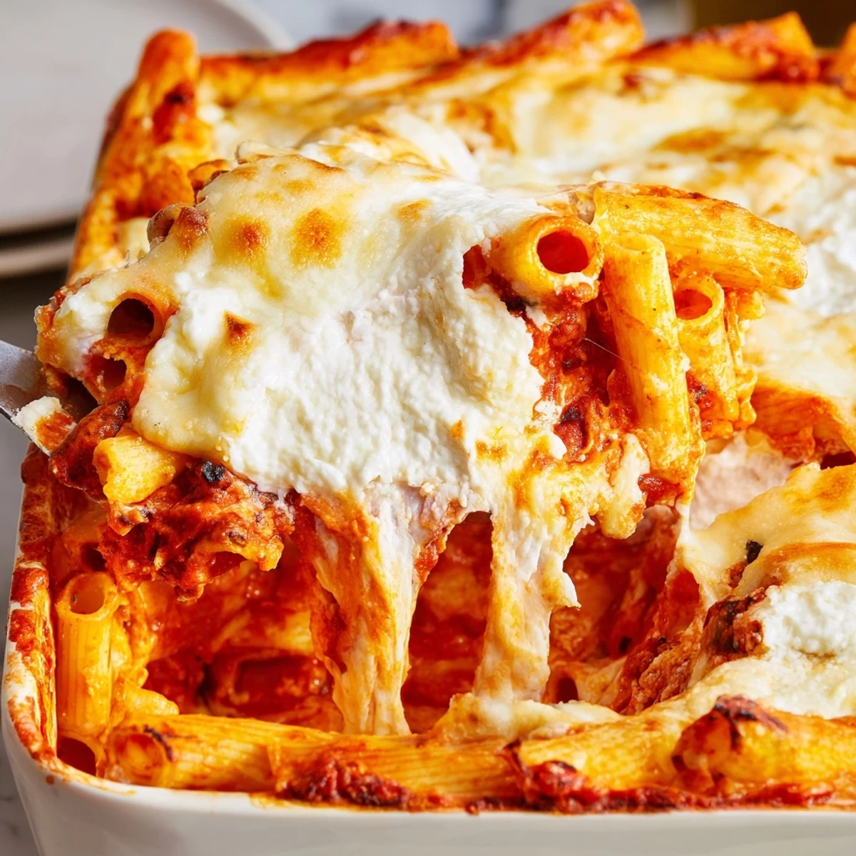 Hearty Freezer Make-Ahead Baked Ziti served on a white plate, garnished with fresh basil and ready for family dinner.
