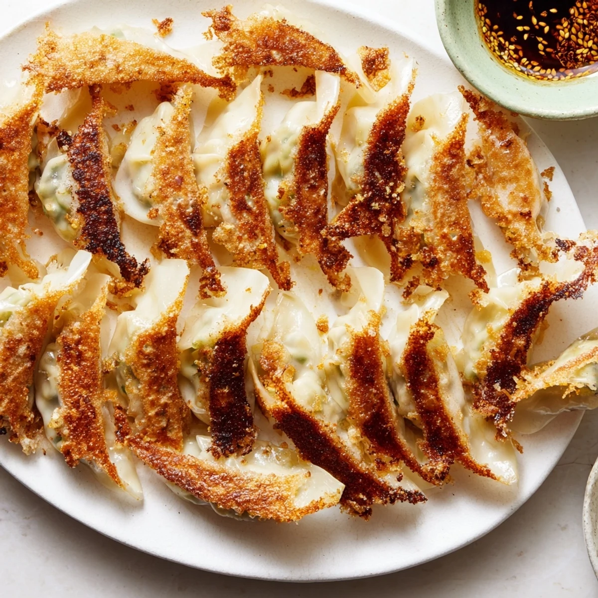 Four golden smashed gyozas with seared crispy bottoms sit on a white plate with a small bowl of soy-vinegar dipping sauce.