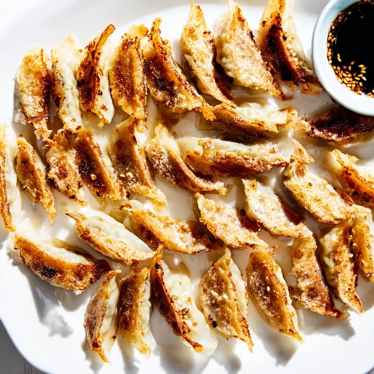 Crispy smashed gyozas with golden pan-fried bottoms are stacked on a white plate next to a small dipping bowl.