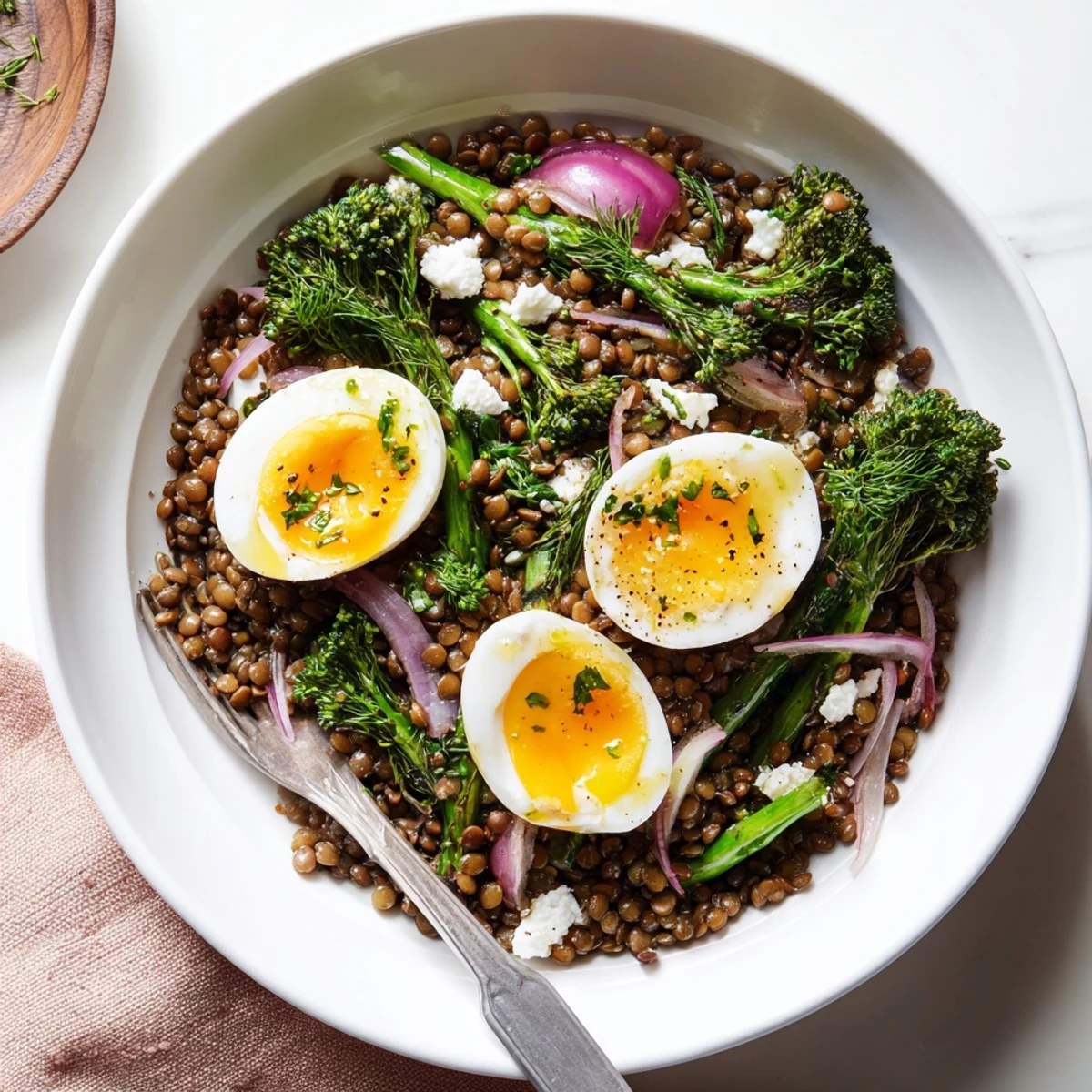 A close-up of French Lentil Salad With Broccolini and Soft-Cooked Eggs, featuring vibrant green broccolini and halved jammy eggs on top of tender lentils, drizzled with a tangy Dijon vinaigrette.