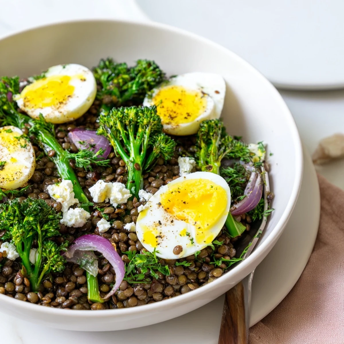 An overhead view of French Lentil Salad With Broccolini and Soft-Cooked Eggs, showcasing fresh parsley, thinly sliced red onion, and crumbled goat cheese over a hearty lentil base, perfect for a vegetarian main dish.