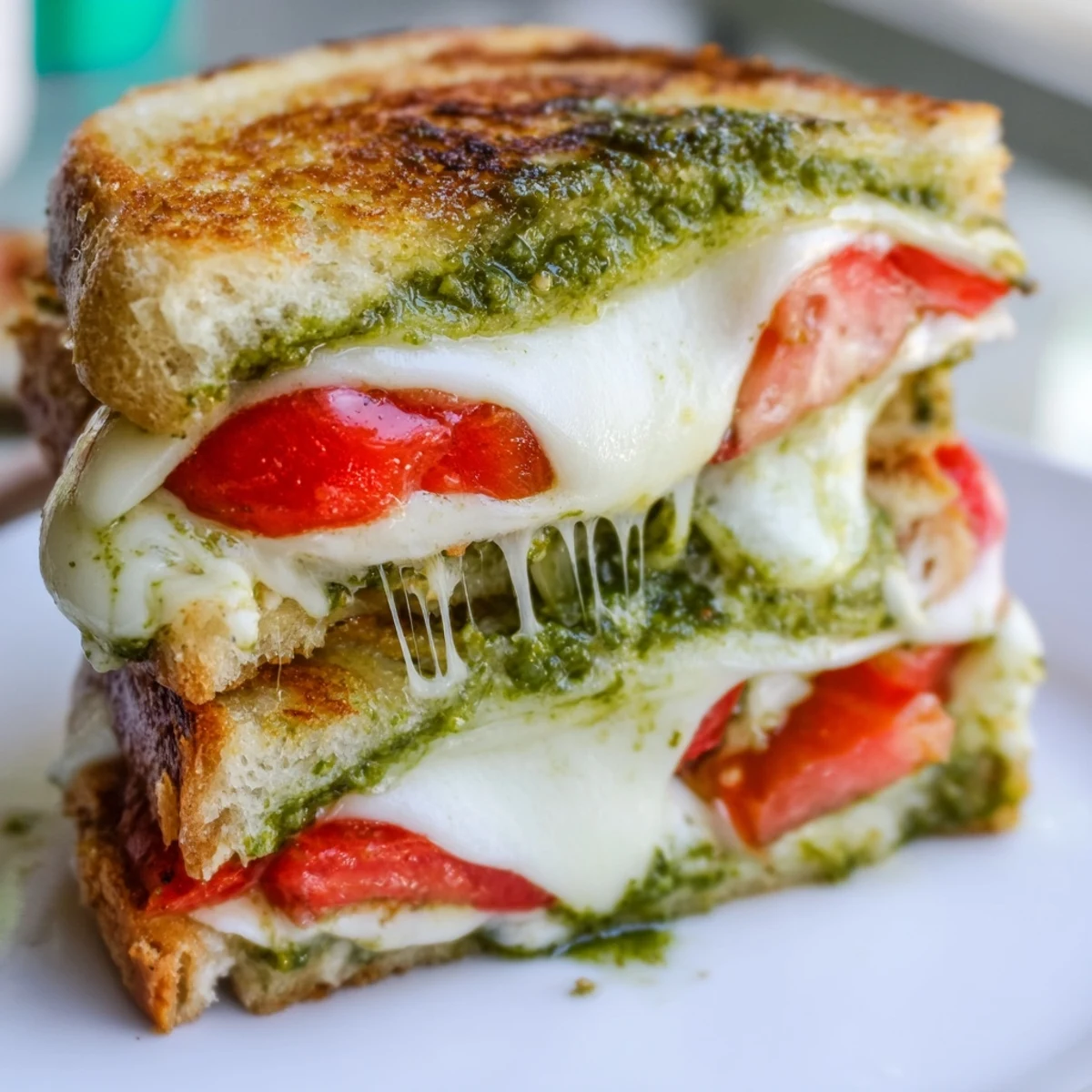 Golden, crispy sourdough slices are layered with melted fresh mozzarella, juicy tomato rounds, and fragrant basil pesto, creating a vibrant Caprese Pesto Grilled Cheese perfect for a quick vegetarian lunch.