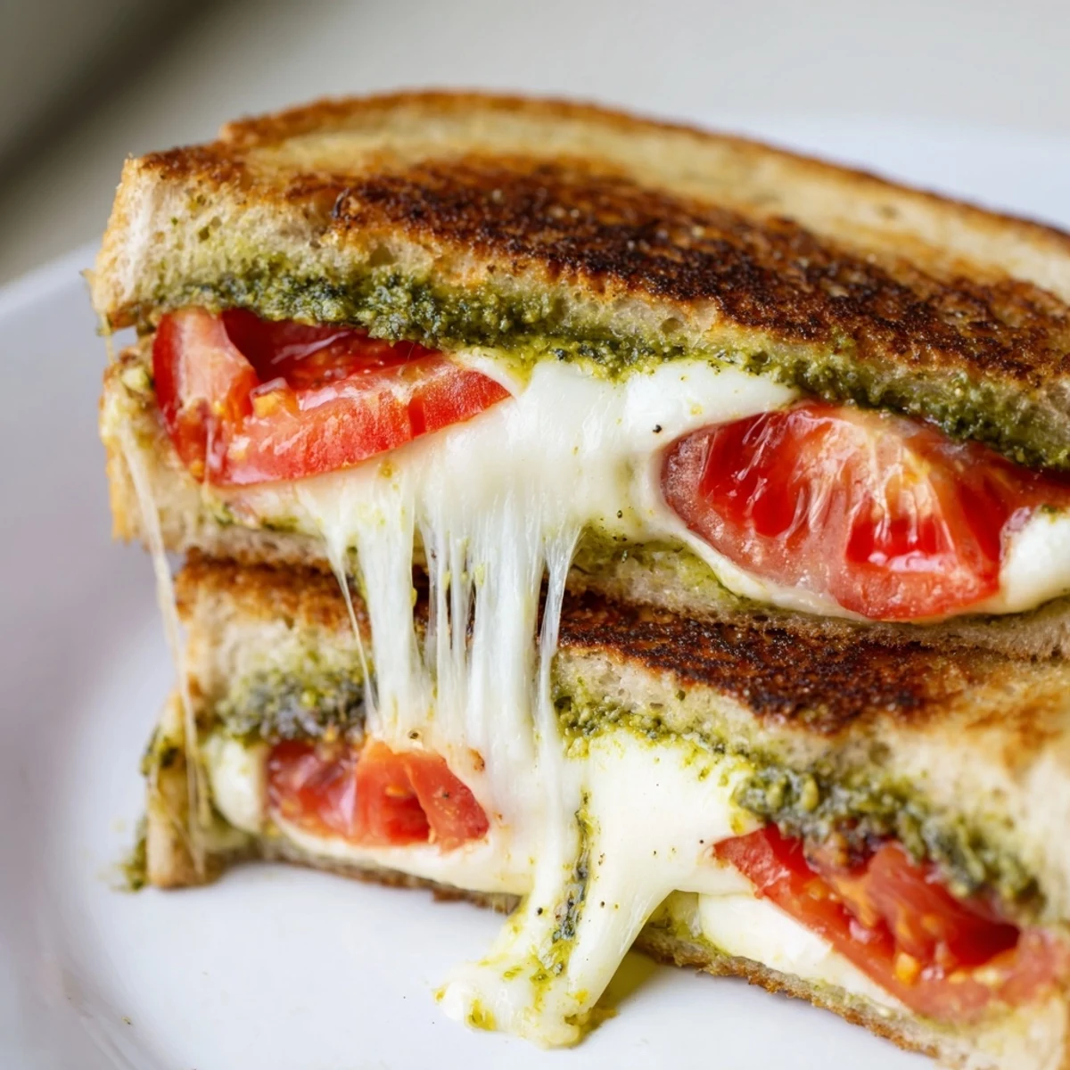 A close-up view of a buttery, golden-brown grilled cheese sandwich filled with melted mozzarella, ripe tomato slices, and aromatic pesto, served hot and ready to enjoy.