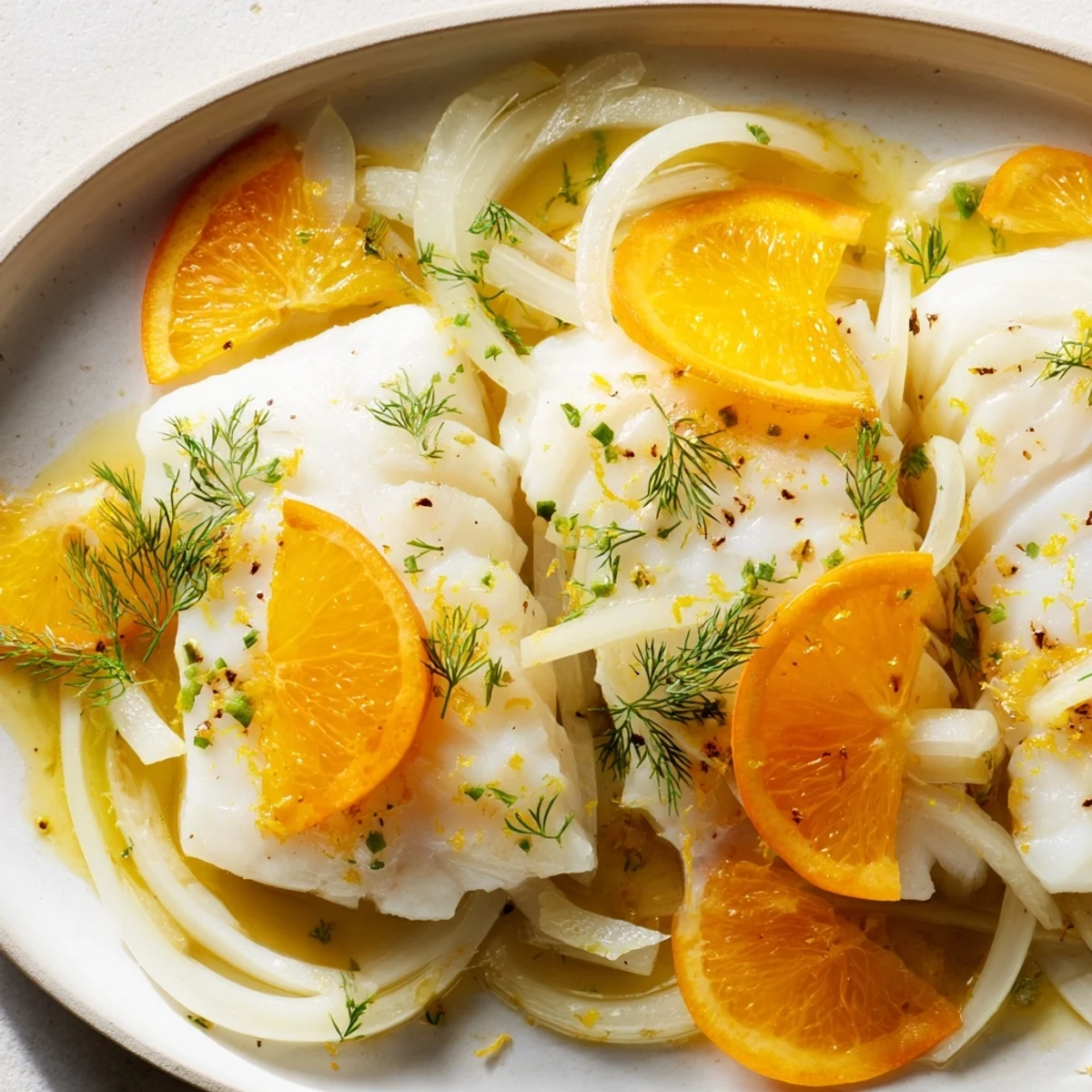 Flaky white cod gently cooked in a savory white wine and vegetable broth, paired with sweet orange and crisp fennel for a light main course.