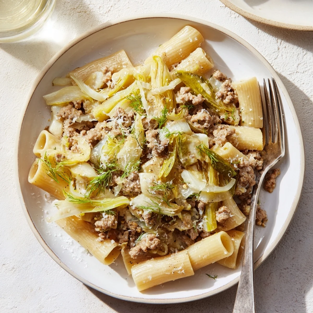 Tender penne pasta tossed with savory Italian sausage, sweet caramelized fennel, and a light garlic-infused sauce, garnished with fresh parsley.
