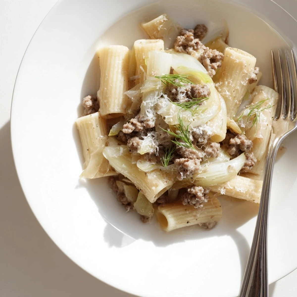 A close-up of hearty Winter Pasta with Sausage and Fennel, featuring glistening olive oil, golden sausage crumbles, and a dusting of Parmesan.