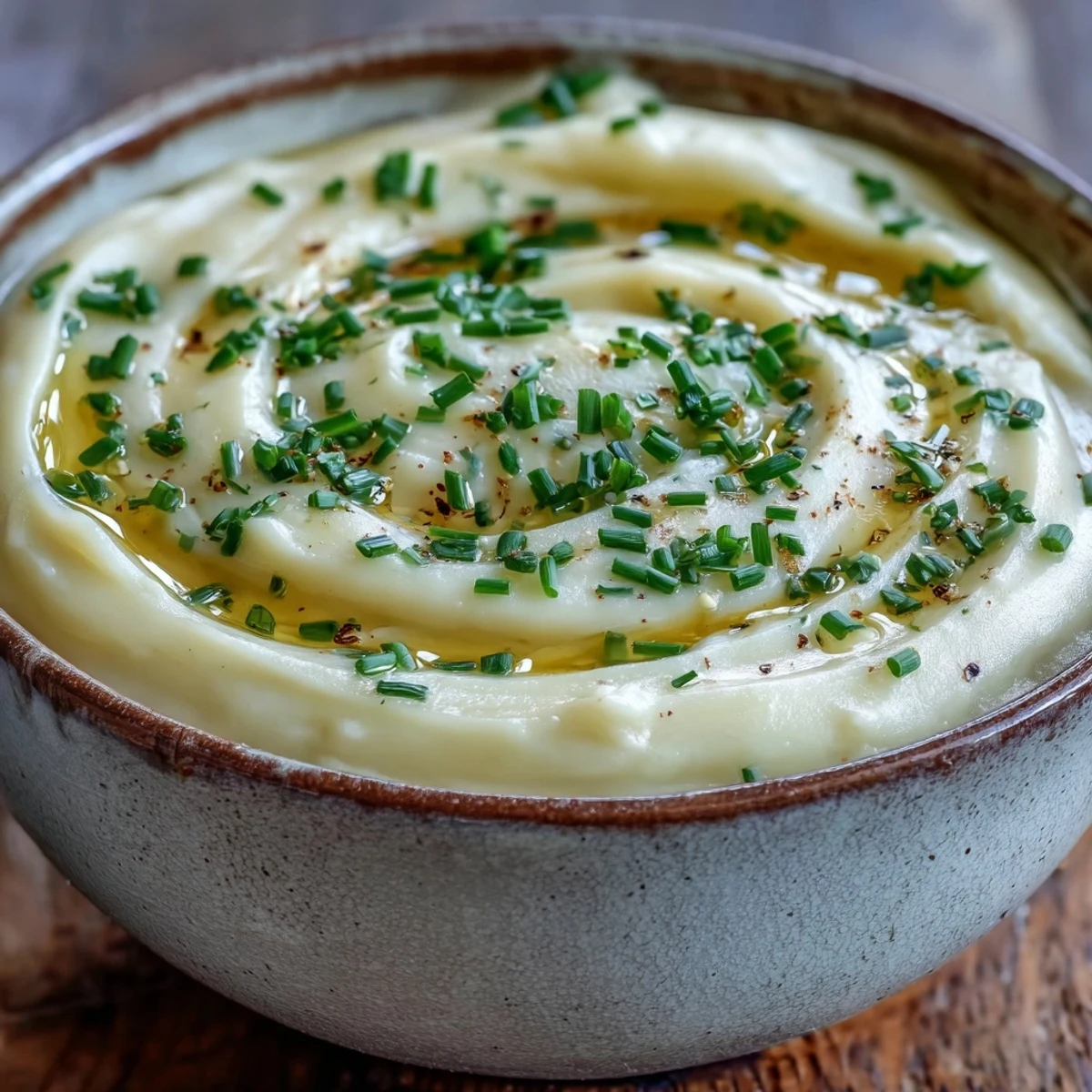 Creamy Potatoes Leek Soup is ladled hot into a white bowl, garnished with fresh chives and a drizzle of cream for a comforting French classic.