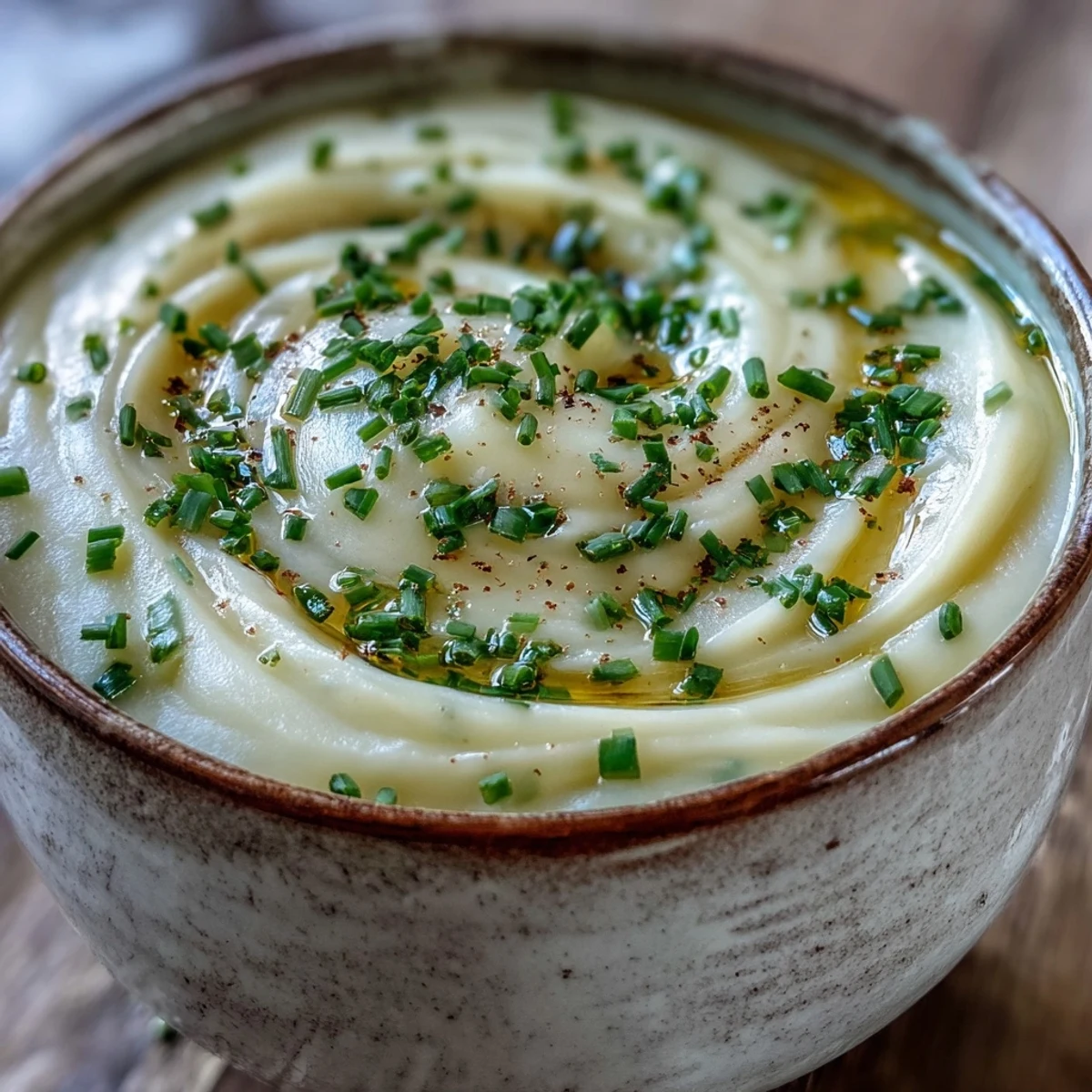 Smooth Potatoes Leek Soup served in a rustic ceramic bowl, topped with fresh parsley, ready to enjoy as a cozy vegetarian dinner side.