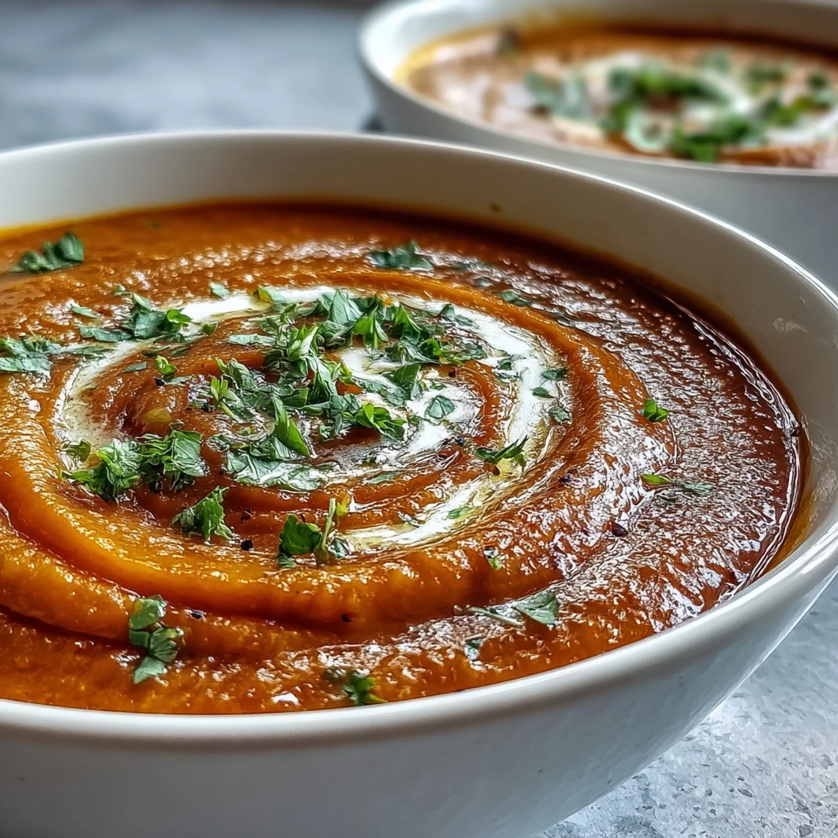 A warm bowl of Carrot and Lentil Soup, garnished with fresh herbs and a creamy swirl.
