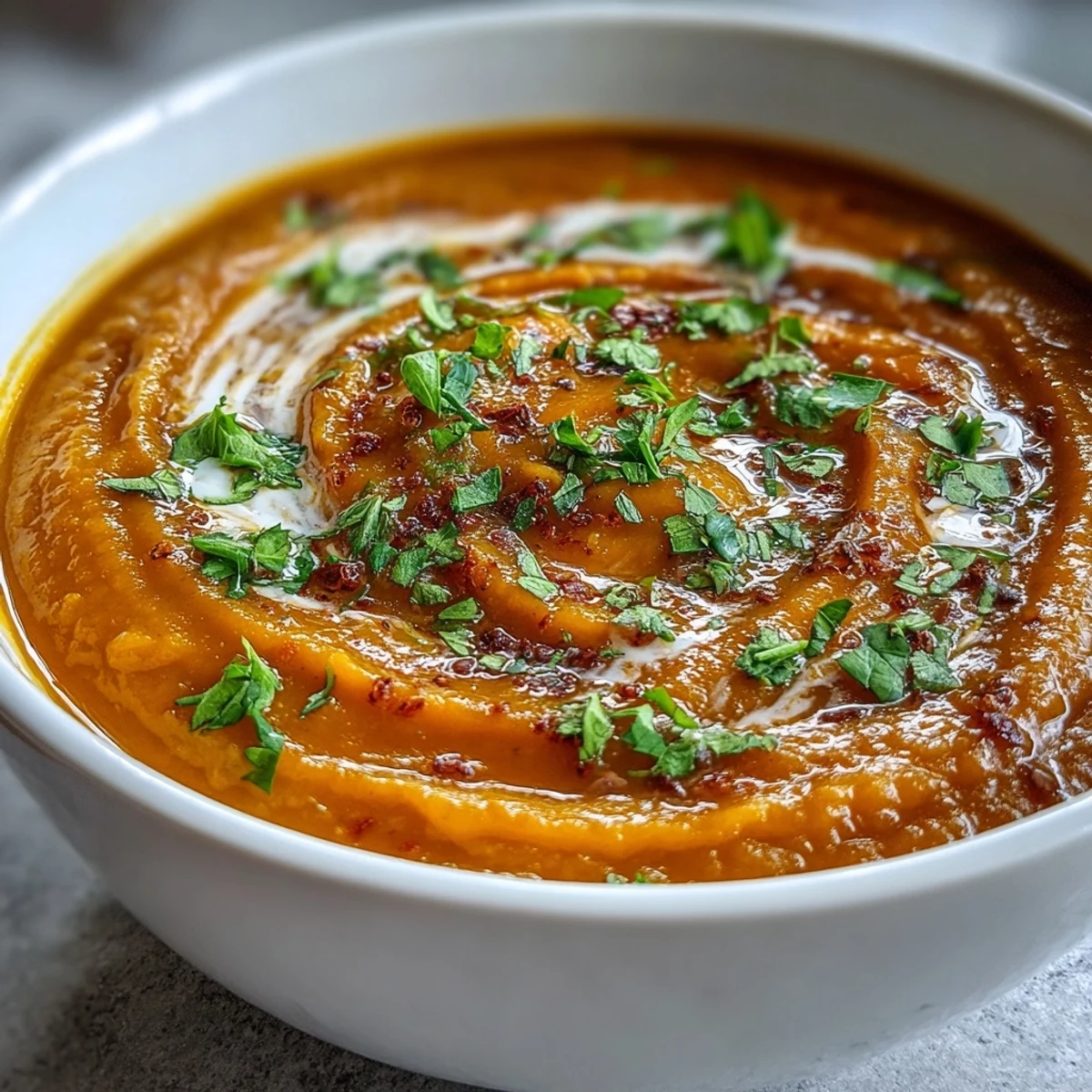 Vibrant orange Carrot and Lentil Soup puree in a rustic bowl, ready to serve.