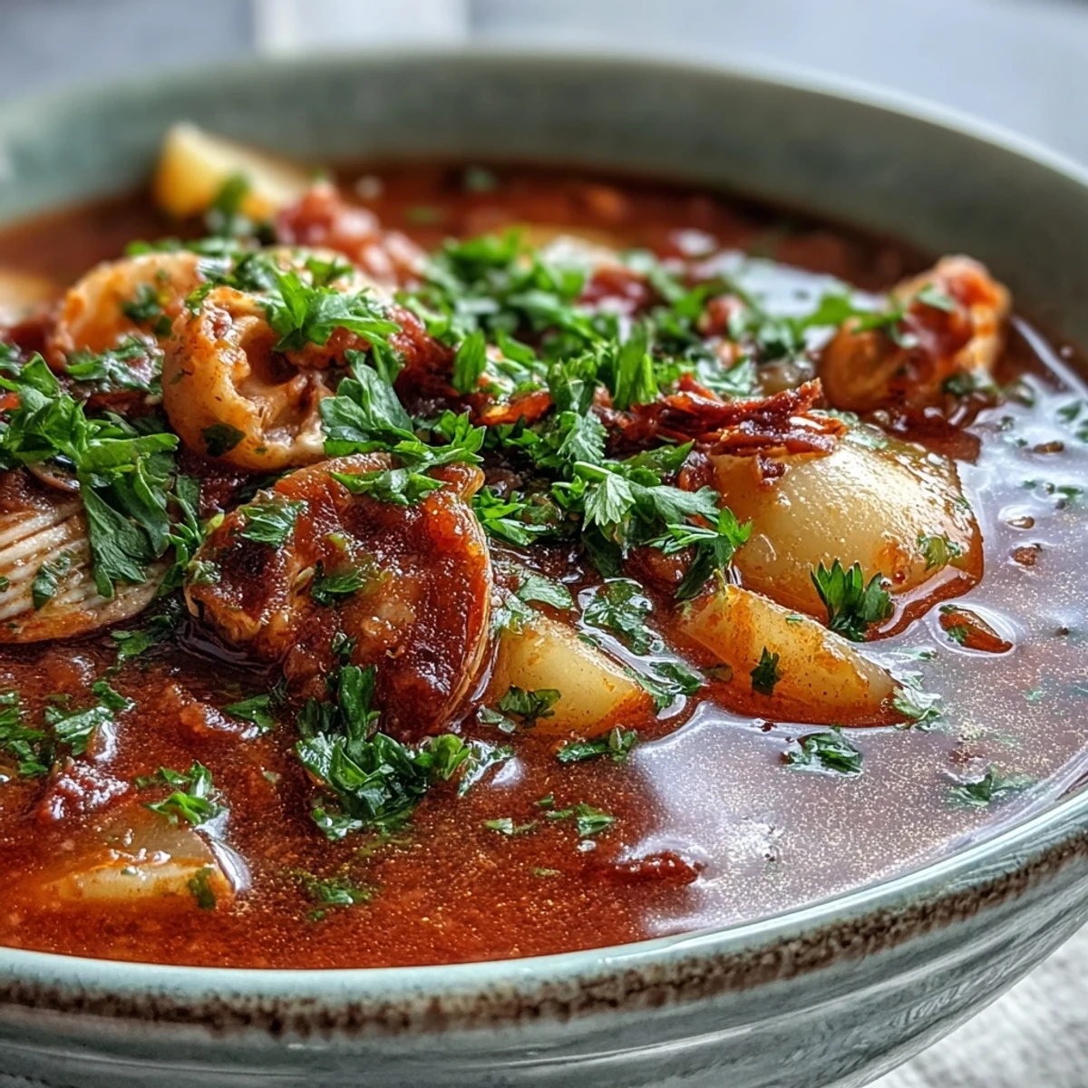 Rich tomato broth of Manhattan Clam Chowder served with crusty sourdough bread for dipping.