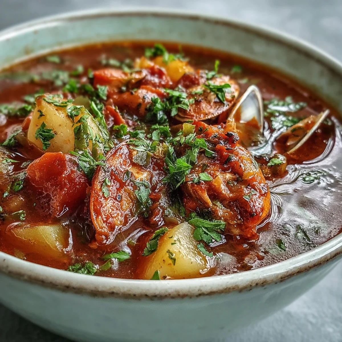 Hearty bowl of Manhattan Clam Chowder featuring tender potatoes, clams, and aromatic vegetables garnished with parsley.
