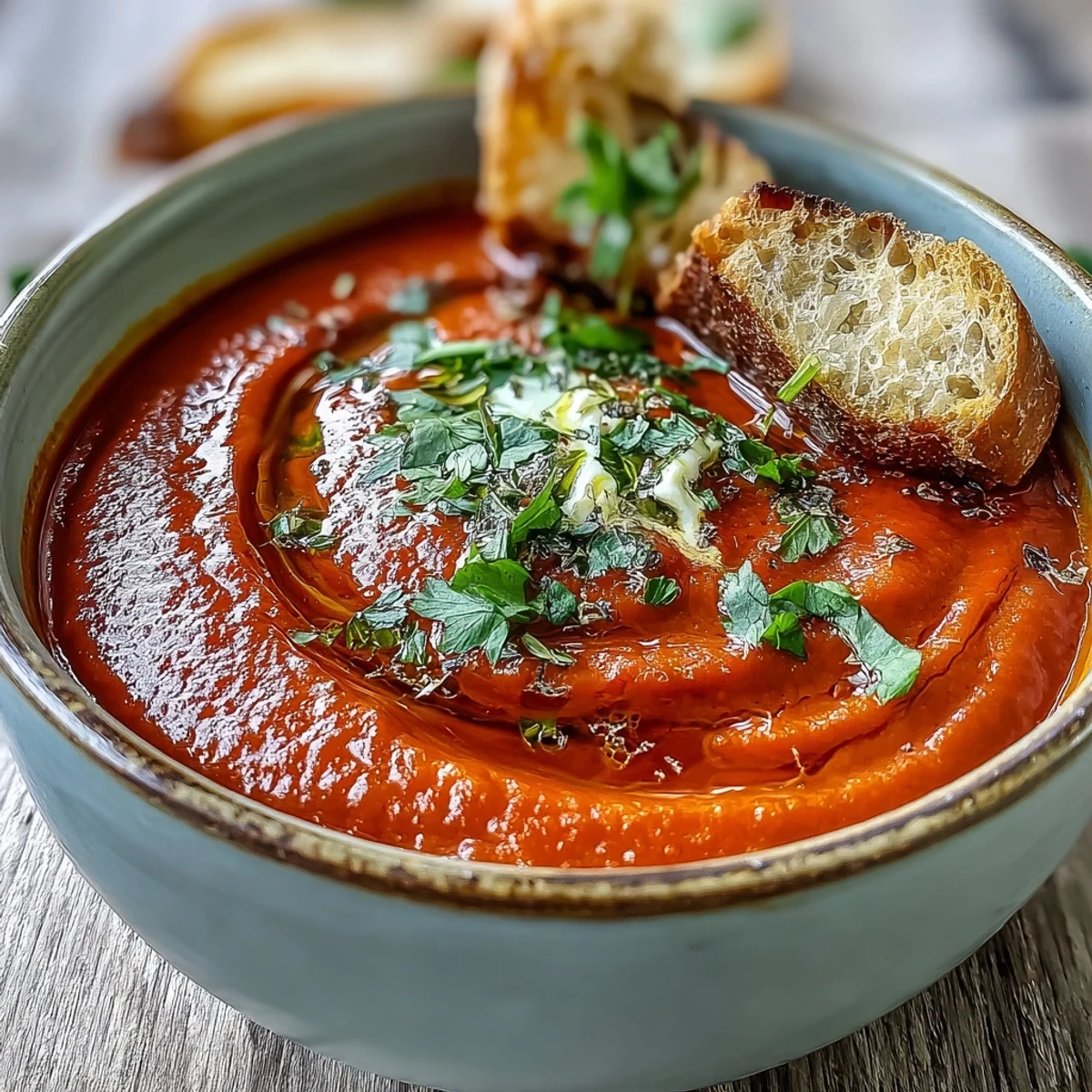 Vibrant Roasted Red Pepper Soup in a rustic bowl, swirled with creamy crème fraîche and fresh cilantro, ready to enjoy with crusty bread.