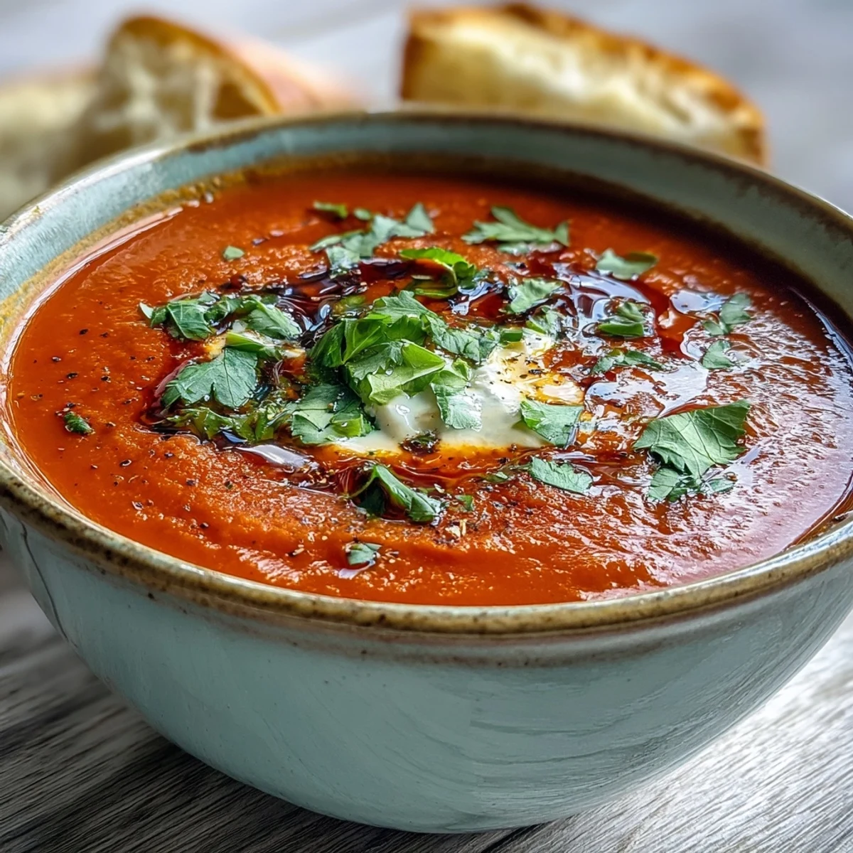 Spoon dipping into silky Roasted Red Pepper Soup, showcasing the smooth puree and rich red color next to charred pepper halves.