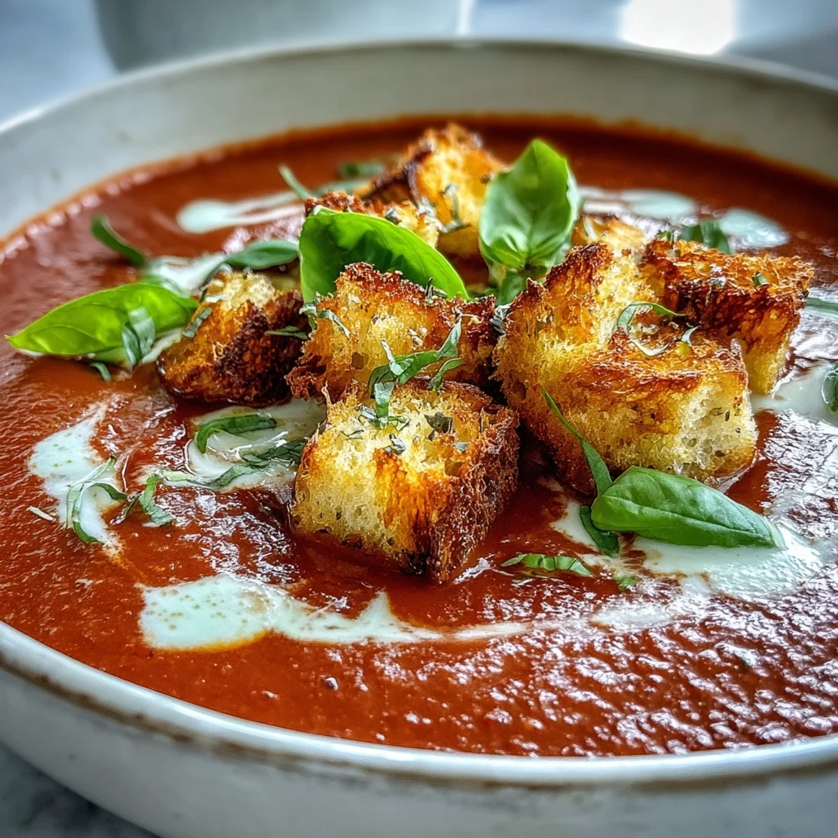 Creamy Roasted Tomato Soup steaming in a rustic bowl, topped with golden croutons and a basil garnish.