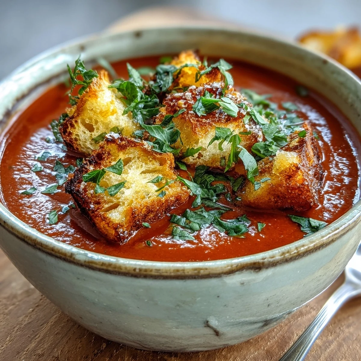 Roasted Red Pepper Soup with Crispy Croutons in a white bowl, garnished with fresh parsley and a cream swirl.