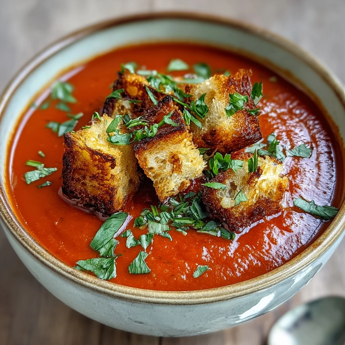 Close-up of Roasted Red Pepper Soup with Crispy Croutons, showing velvety texture, charred pepper bits, and golden toasted bread.