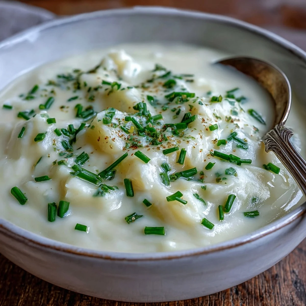 Creamy Potato Leek Soup in a rustic white bowl, topped with fresh chives and crispy bacon crumbles beside crusty bread.