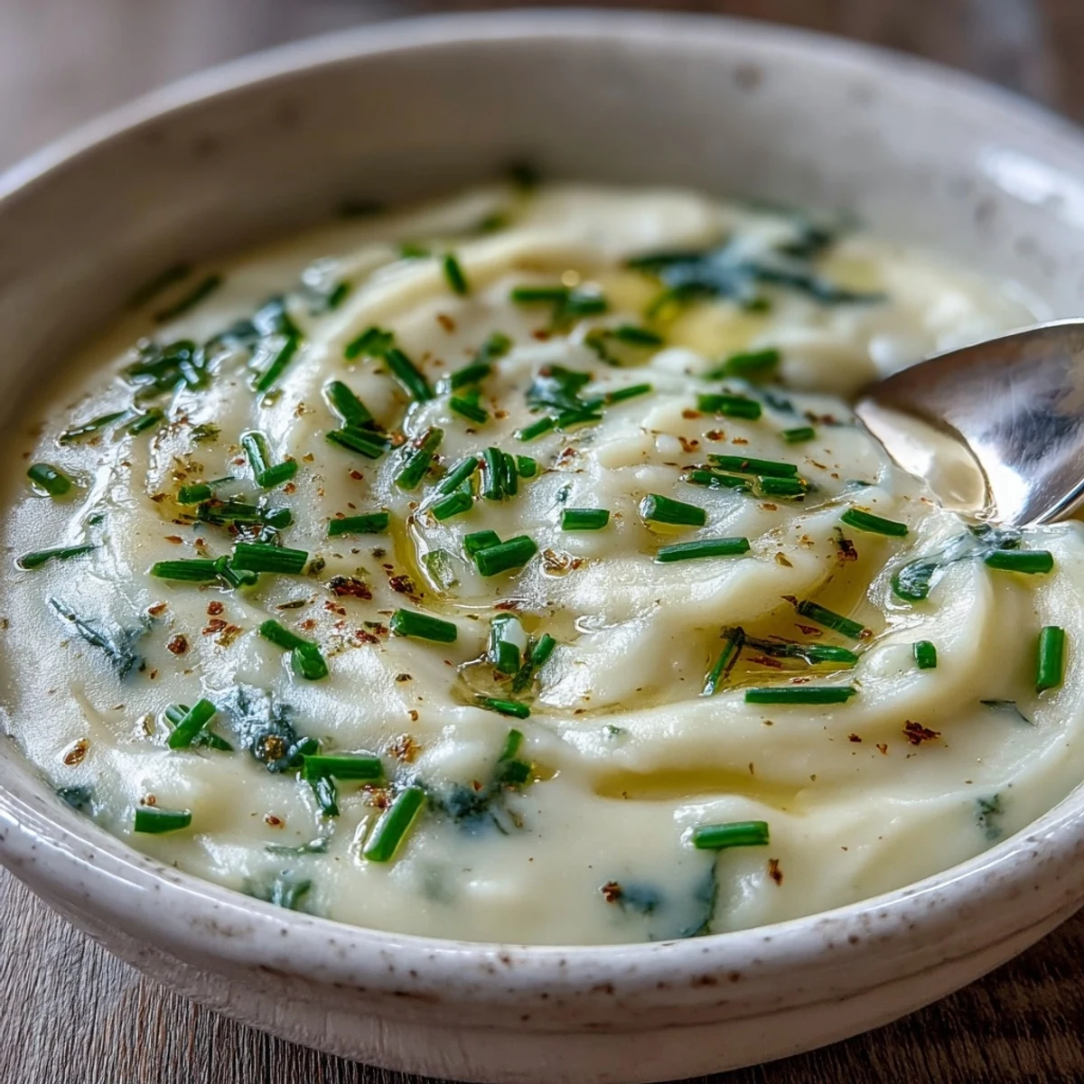 Hearty Potato Leek Soup served in a dark bowl, featuring tender potatoes and leeks with optional shrimp for a seafood twist.