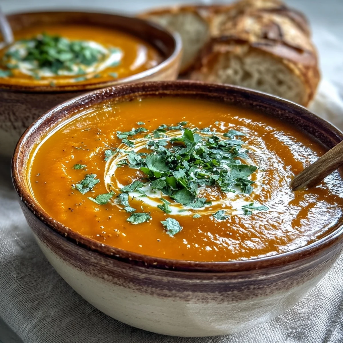 Steaming pot of blended Carrot Ginger Soup ladle-ready, featuring vibrant orange color and finely grated fresh ginger.
