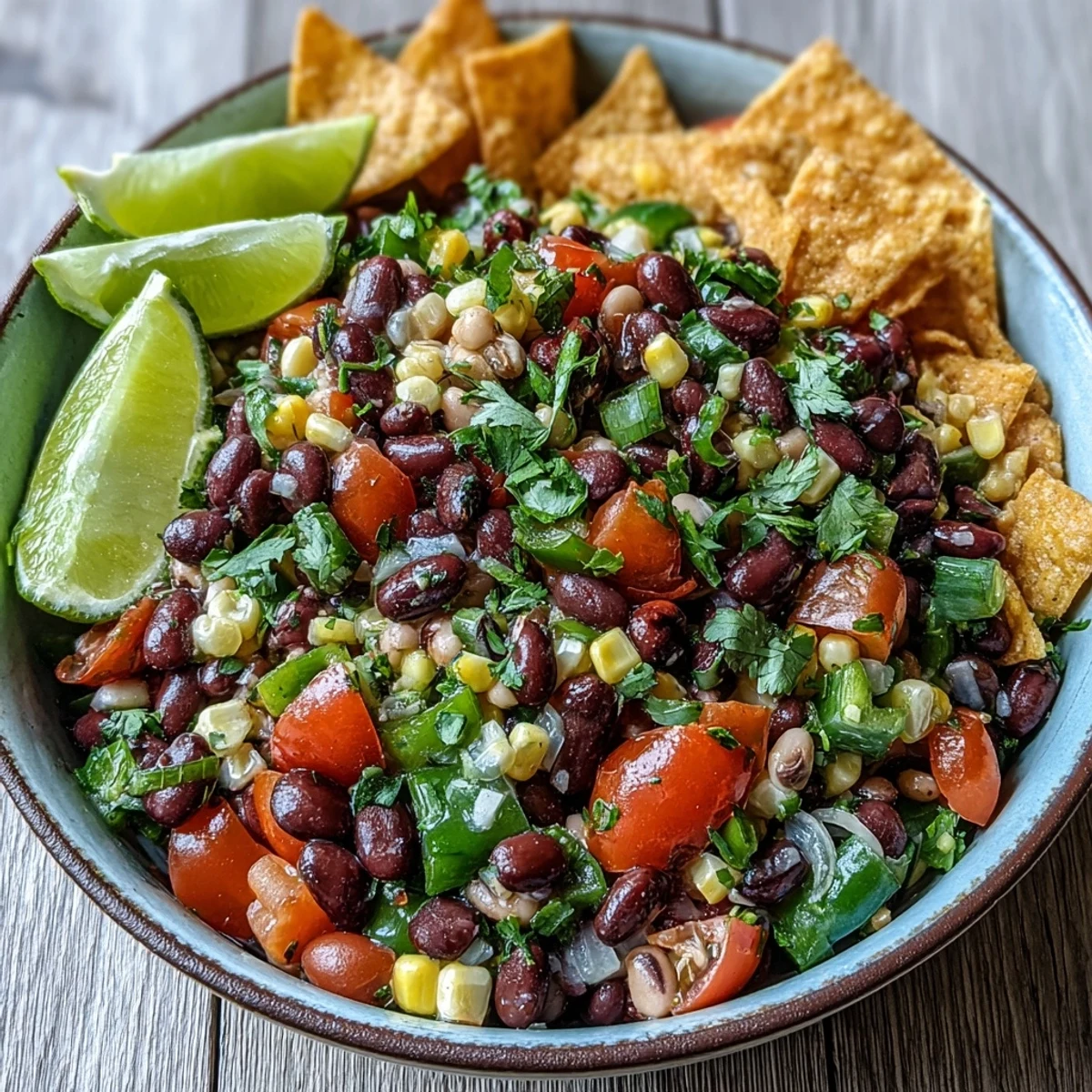 A vibrant bowl of Cowboy Caviar, featuring black beans, corn, tomatoes, and diced peppers tossed in a zesty lime dressing.