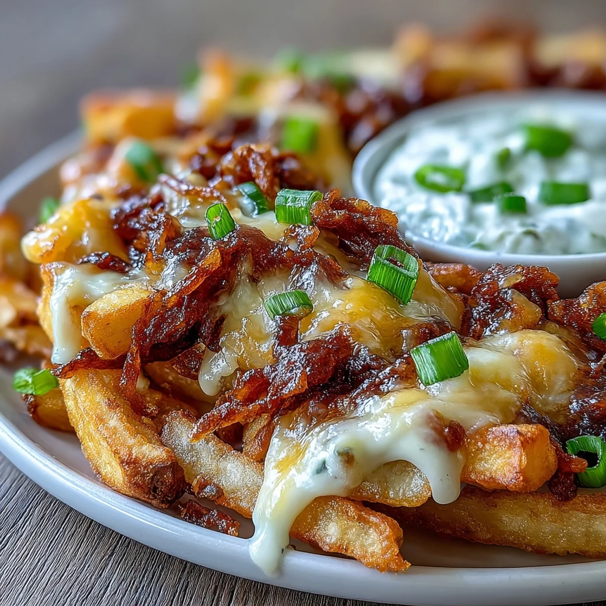Golden-brown crispy fries topped with melted cheddar cheese, fresh spring onions, and a side of creamy ranch dip on a plate.  