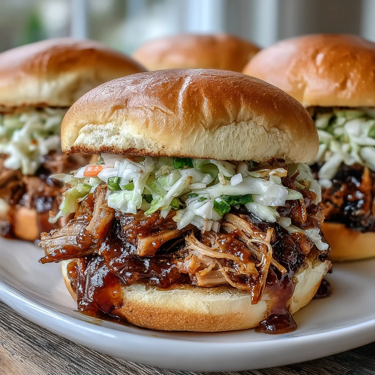 Heaping serving of homemade Applesauce Pulled Pork Sandwiches, slow-cooked until juicy and topped with tangy barbecue sauce.  