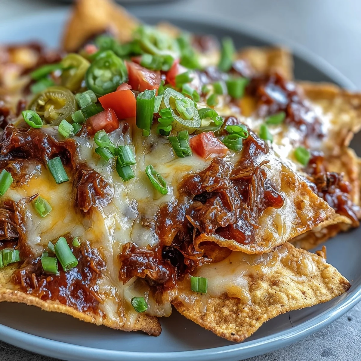 Smoky barbecue beef and melty cheese top a platter of crispy tortilla chips in these ultimate BBQ Beef Nachos.
