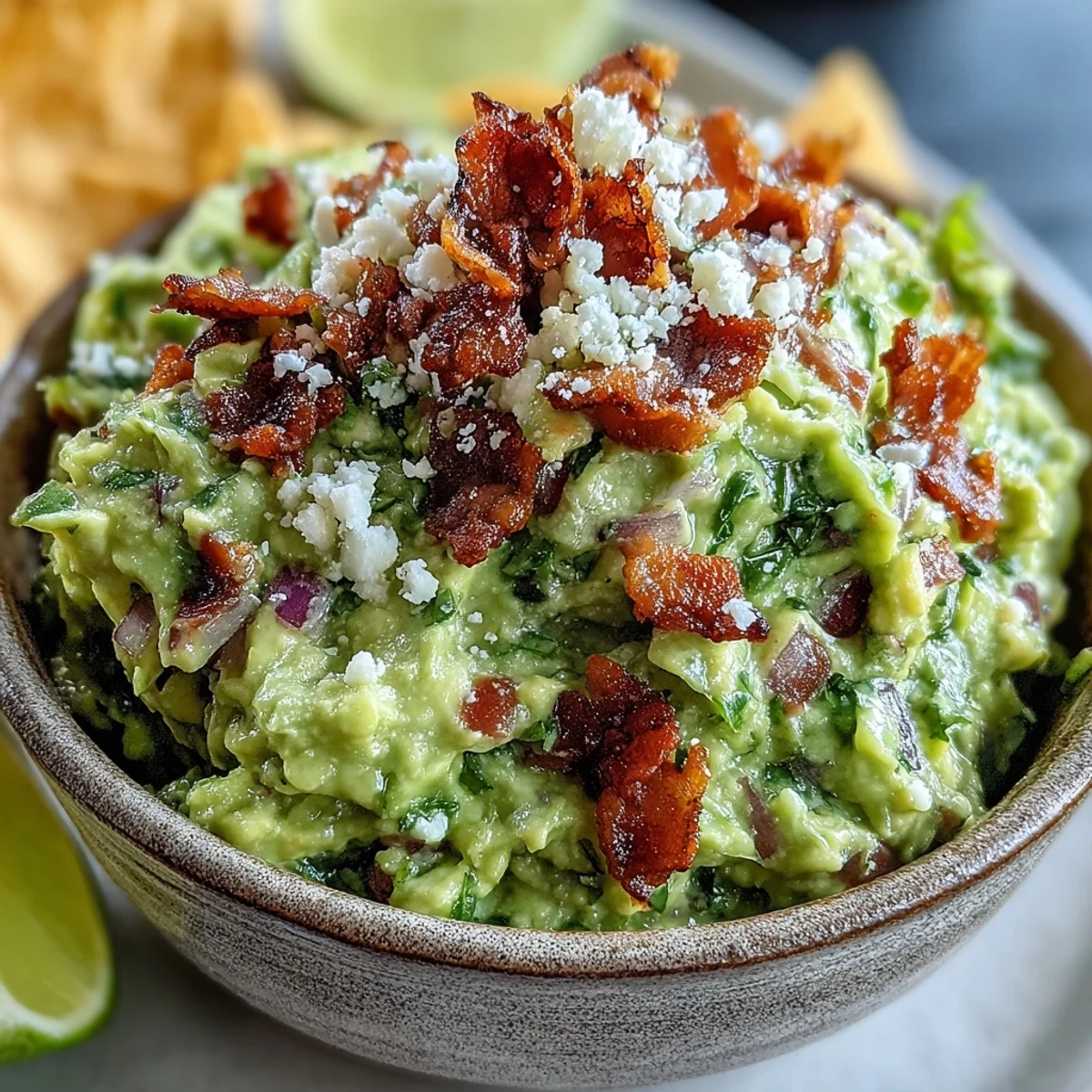Creamy avocado mash dotted with crispy bacon crumbles and crumbled Cotija cheese, garnished with fresh cilantro and lime wedges for a bold appetizer.  